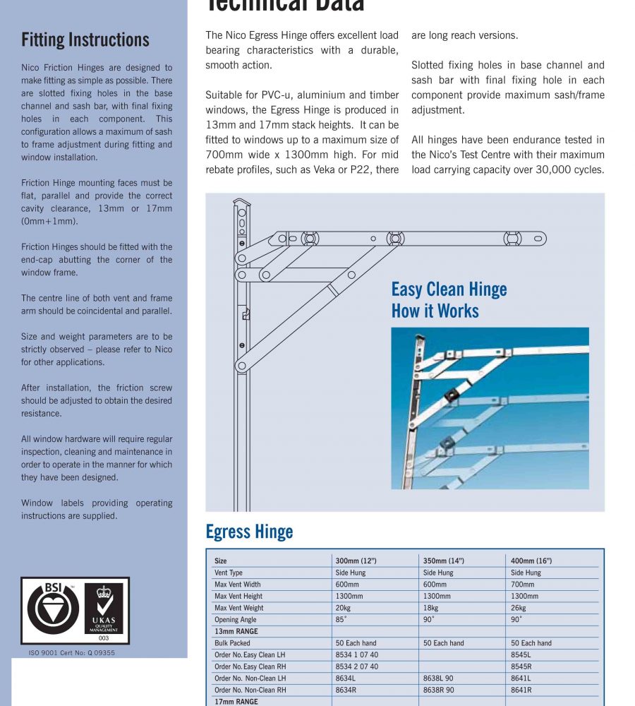 Nico 400mm Egress Easyclean Friction Hinge (pair) 13mm Stack -1939