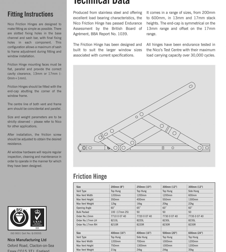 Nico 600mm Top Hung Friction Hinge (pair) 13mm Stack Height-1924